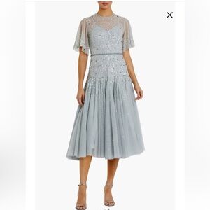 Mac Duggal Powder Blue Cape Sleeve Beaded Tea Length A-line Dress $598.00